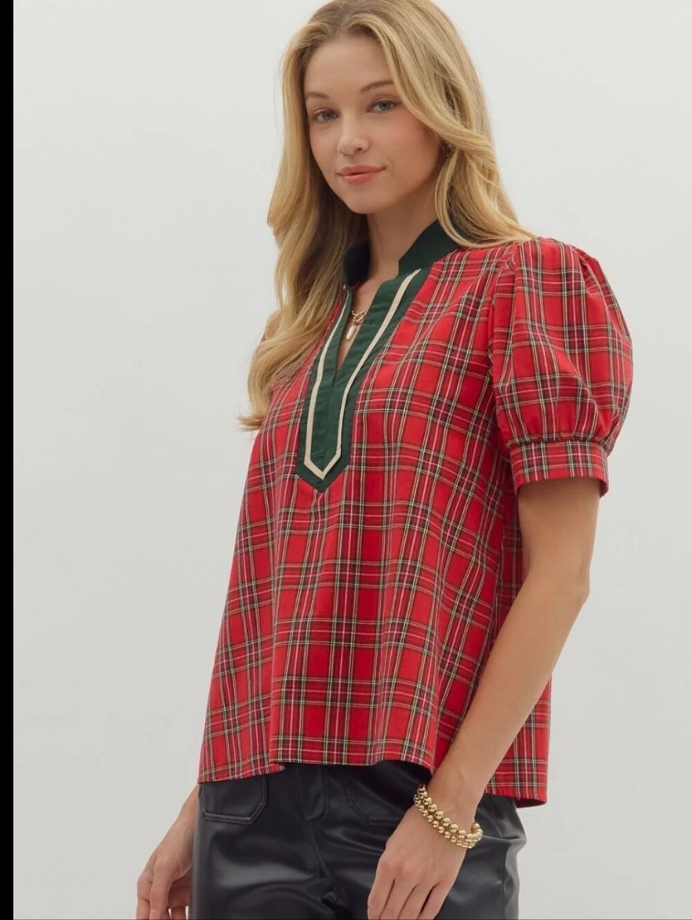 Entro Red Plaid Holiday Puff-Sleeve Top with Green Trim 100% Cotton Sz.S